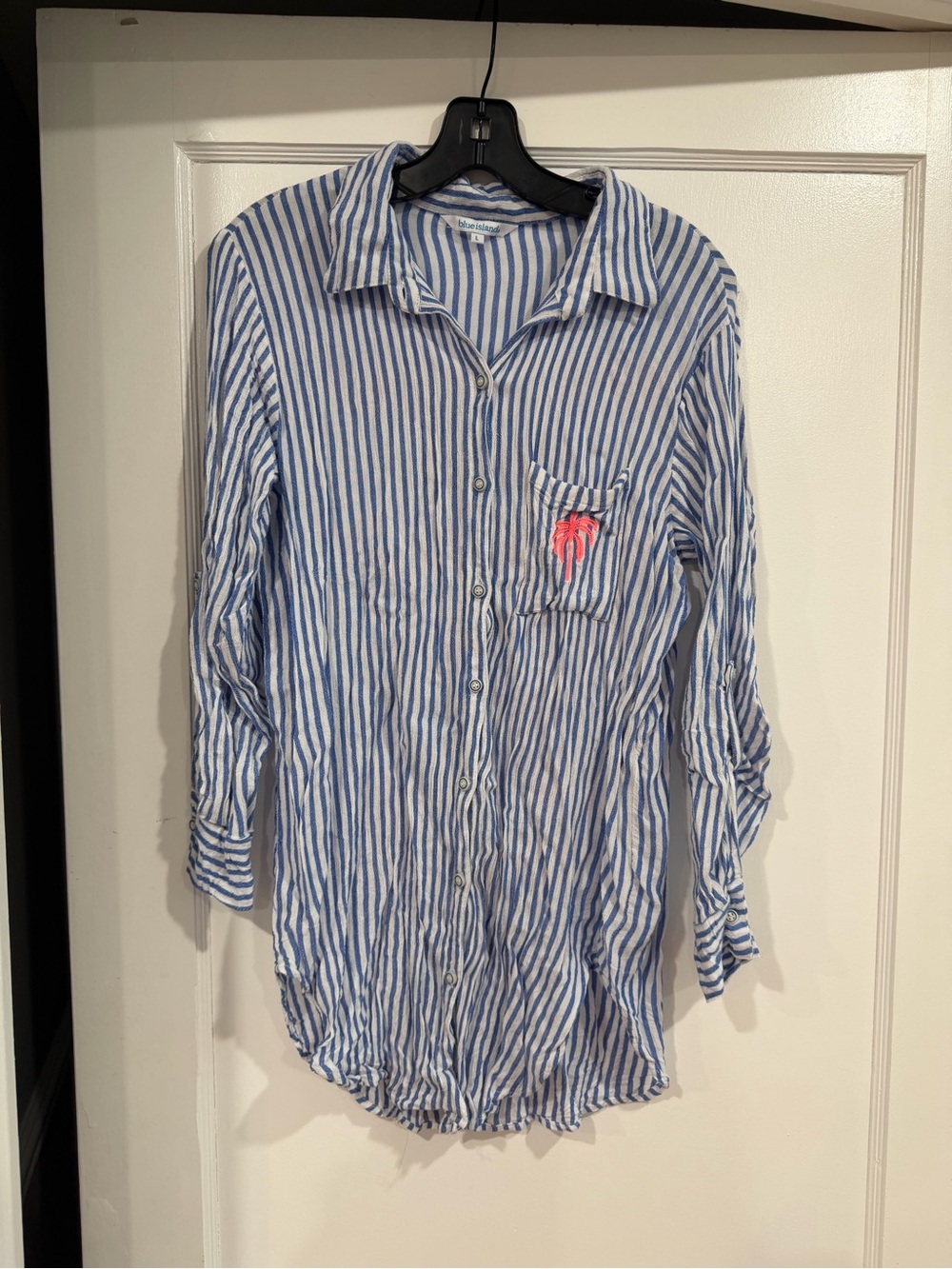 blue island Blue and White Striped Button-Down Shirt with Pink Pocket Detail